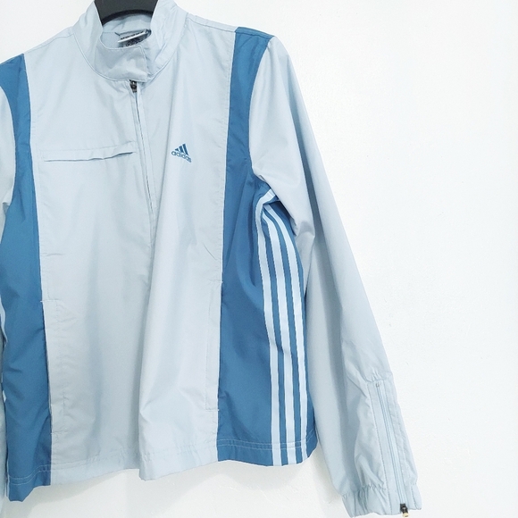 Adidas Athletic Jacket Size 44 Blue Aqua Womens Zip Up Three Stripes Pockets - Picture 15 of 16